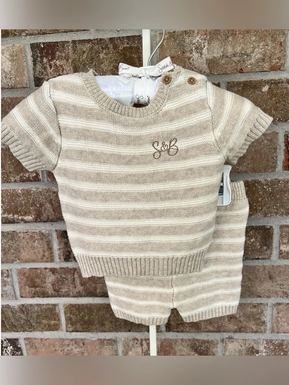Baby Boy 2 Piece Beige Striped Knit Short Set Size 3-6 Months Stitch & Bean